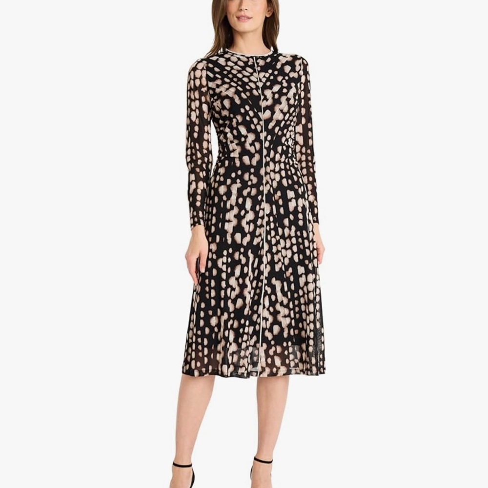 Maggy London Cream and Brown A-Line Dress with Bishop Sleeves